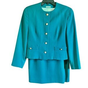 Vtg Corporate Woman Collection Wool Suit Blazer Skirt Set Gold‎ Button Size M
